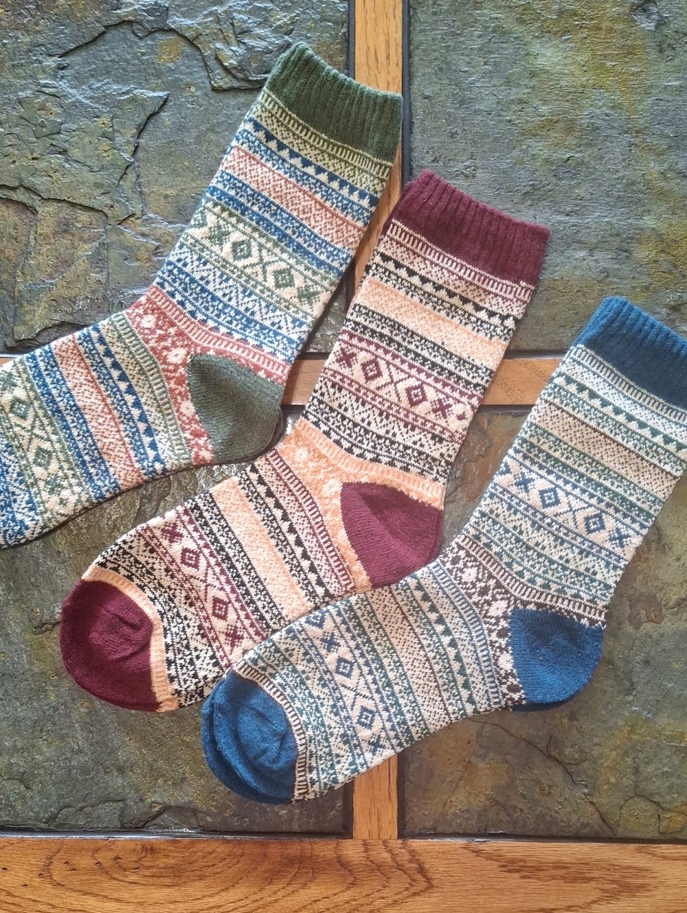 3 Pair Patterned Crew Socks - Multicolor Fair Isle Design
